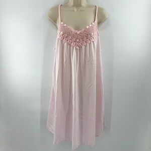 Vintage Shadowline Pink Nylon Nightgown Lace Floral Bodice Sz L Cottagecore (C1)